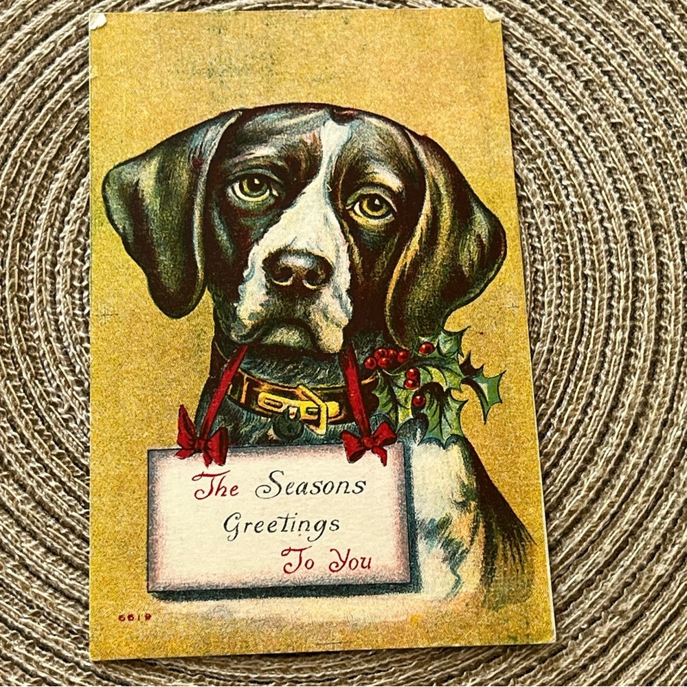 Postcard Christmas - Pointer or German Short Hair Hunting Dog Holding a Sign